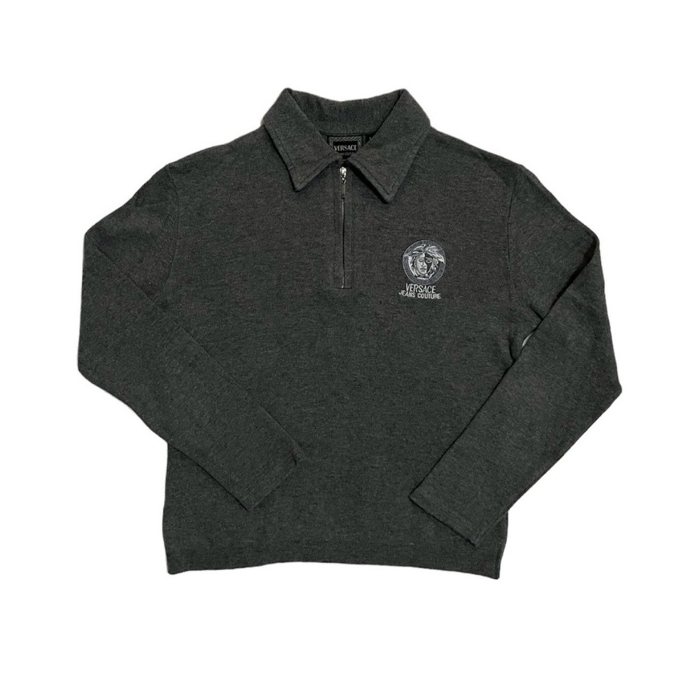 Versace Women's Dark Charcoal Quarter-Zip Collared Sweater xsmall